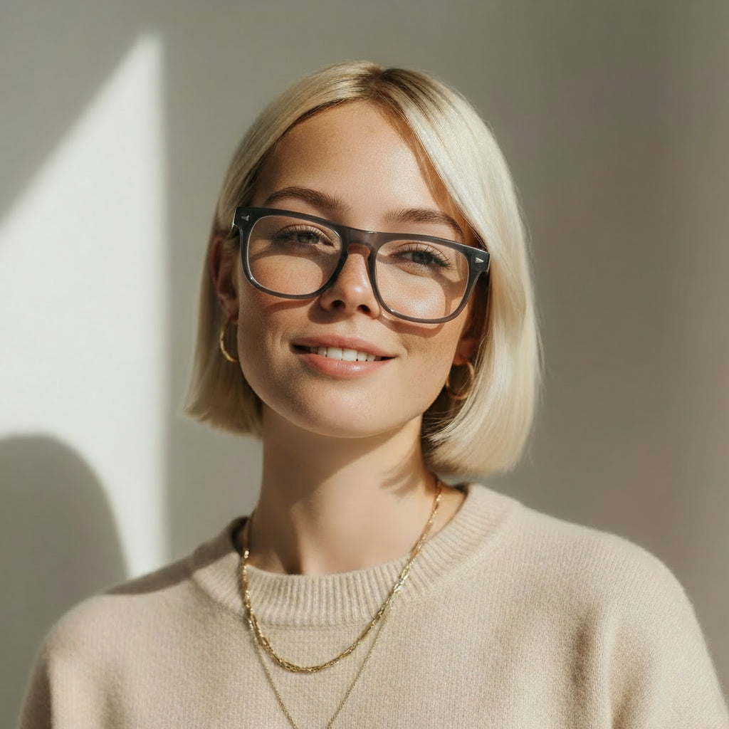 Bold square grey eyeglasses